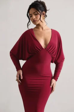 Ruth | Berry Draped Plunge-Neck Maxi Dress
