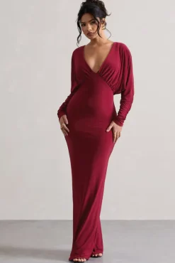 Ruth | Berry Draped Plunge-Neck Maxi Dress