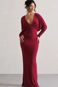 Ruth | Berry Draped Plunge-Neck Maxi Dress