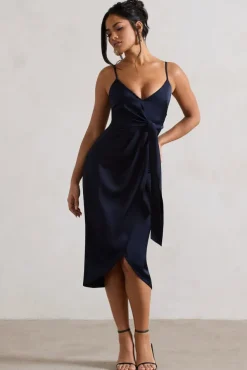 Sabela | Navy Satin Wrap Midi Dress With Knot Detail