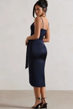 Sabela | Navy Satin Wrap Midi Dress With Knot Detail