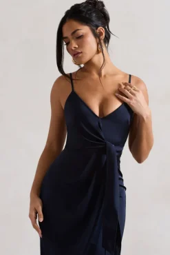 Sabela | Navy Satin Wrap Midi Dress With Knot Detail