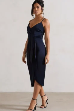 Sabela | Navy Satin Wrap Midi Dress With Knot Detail