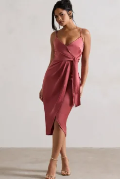 Sabela | Rose Pink Satin Wrap Midi Dress With Knot Detail