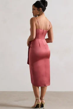 Sabela | Rose Pink Satin Wrap Midi Dress With Knot Detail