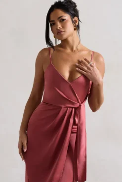 Sabela | Rose Pink Satin Wrap Midi Dress With Knot Detail