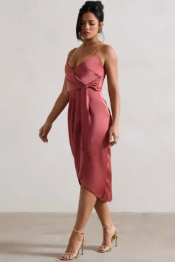 Sabela | Rose Pink Satin Wrap Midi Dress With Knot Detail