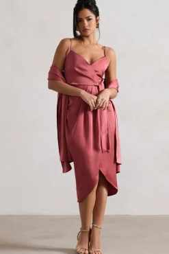 Sabela | Rose Pink Satin Wrap Midi Dress With Knot Detail