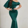 Sabrina | Bottle Green Asymmetric Off The Shoulder Satin Maxi Dress
