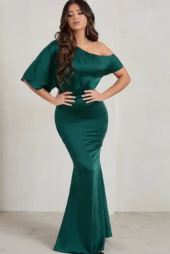 Sabrina | Bottle Green Asymmetric Off The Shoulder Satin Maxi Dress