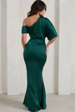 Sabrina | Bottle Green Asymmetric Off The Shoulder Satin Maxi Dress