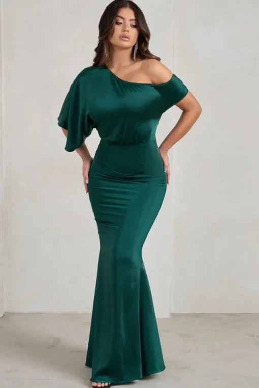 Sabrina | Bottle Green Asymmetric Off The Shoulder Satin Maxi Dress
