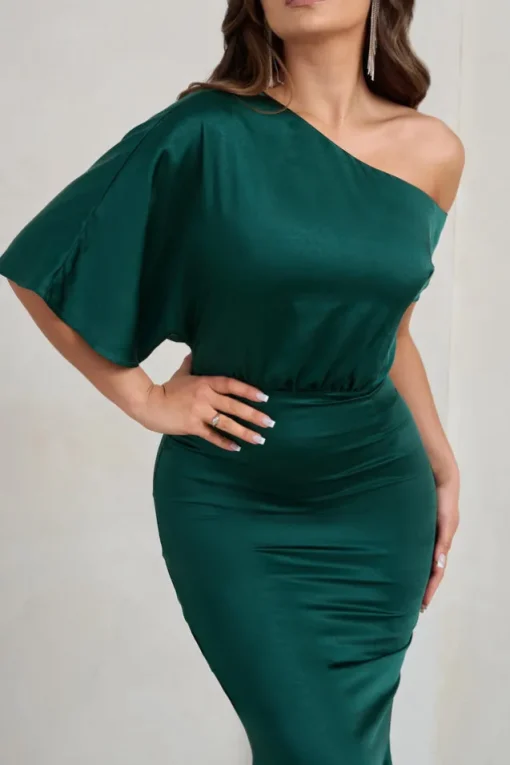 Sabrina | Bottle Green Asymmetric Off The Shoulder Satin Maxi Dress