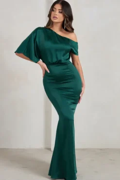 Sabrina | Bottle Green Asymmetric Off The Shoulder Satin Maxi Dress
