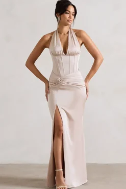 Sacha | Champagne Satin Corset Style Maxi Dress With Wrap Skirt