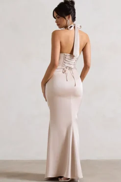 Sacha | Champagne Satin Corset Style Maxi Dress With Wrap Skirt