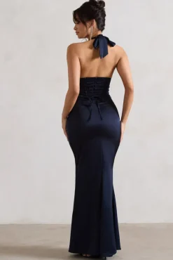 Sacha | Navy Satin Corset Style Maxi Dress With Wrap Skirt
