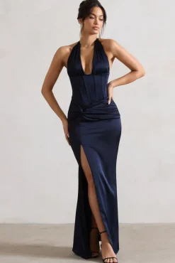 Sacha | Navy Satin Corset Style Maxi Dress With Wrap Skirt