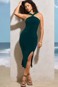 Sadira | Bottle Green Twist-Neck Split Midi Dress