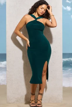 Sadira | Bottle Green Twist-Neck Split Midi Dress