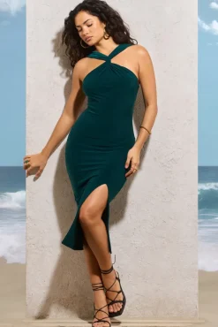 Sadira | Bottle Green Twist-Neck Split Midi Dress