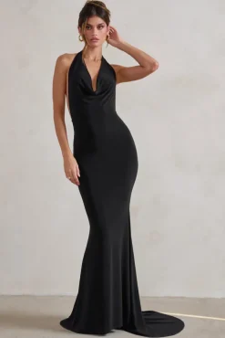 Saffina | Black Cowl Neck Low Back Maxi Dress