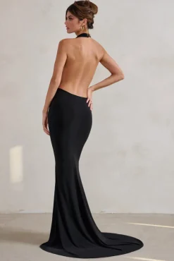Saffina | Black Cowl Neck Low Back Maxi Dress