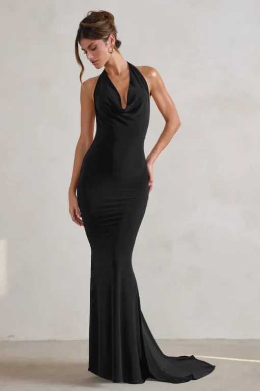 Saffina | Black Cowl Neck Low Back Maxi Dress