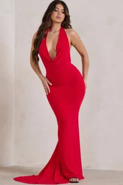 Saffina | Red Cowl Neck Low Back Maxi Dress