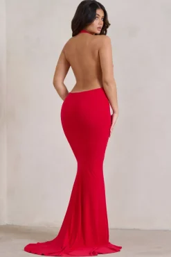 Saffina | Red Cowl Neck Low Back Maxi Dress