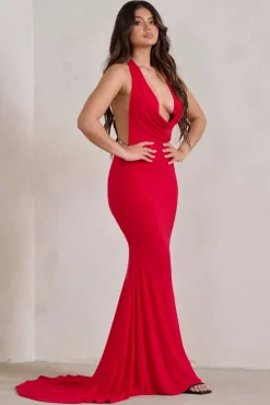 Saffina | Red Cowl Neck Low Back Maxi Dress