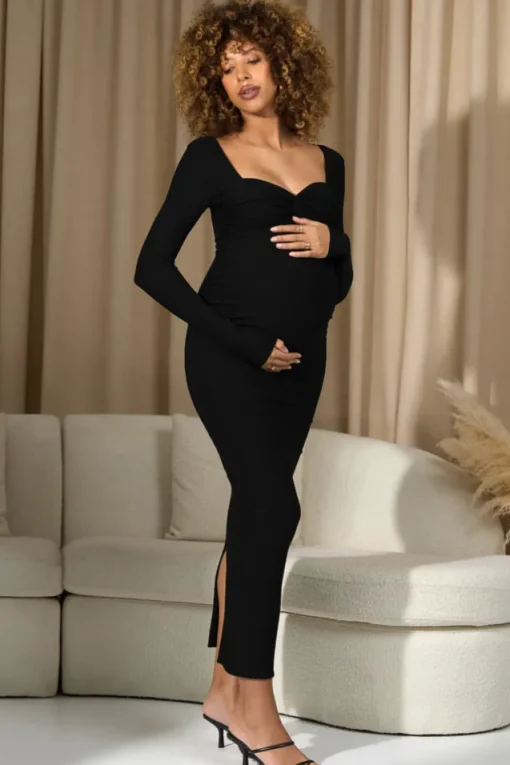 Saffron | Black Bodycon Sweetheart Maternity Maxi Dress