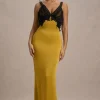 Sahara | Mustard Satin V-Neck Maxi Dress With Black Lace Trim