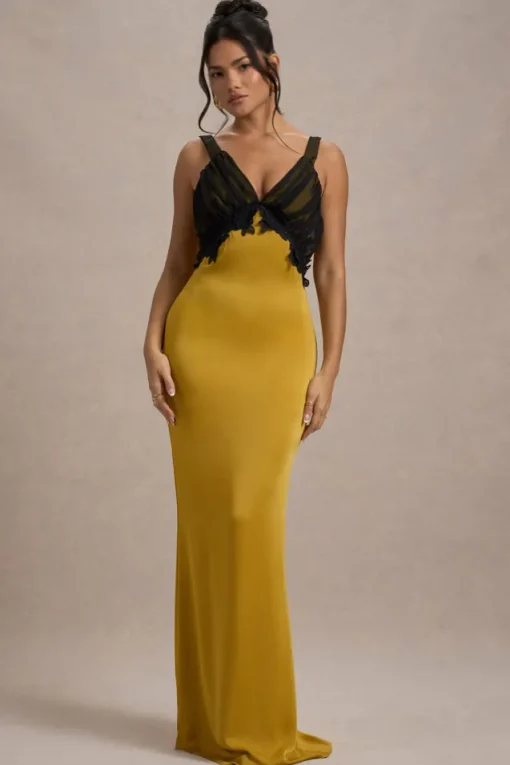 Sahara | Mustard Satin V-Neck Maxi Dress With Black Lace Trim