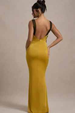 Sahara | Mustard Satin V-Neck Maxi Dress With Black Lace Trim