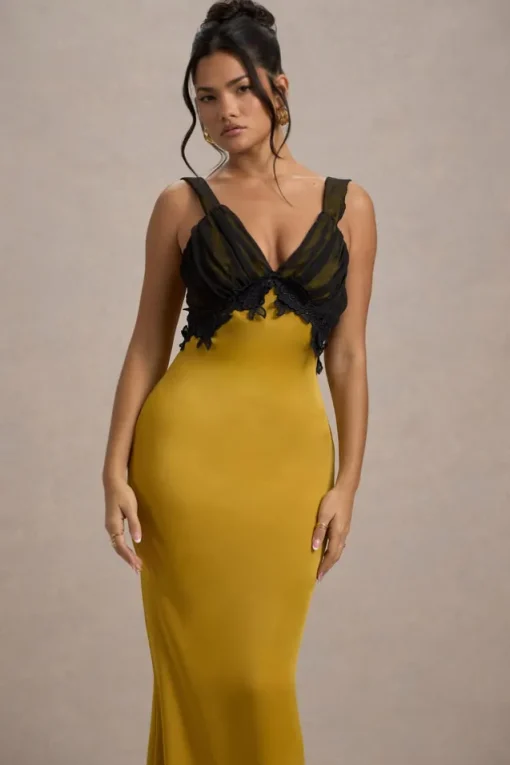 Sahara | Mustard Satin V-Neck Maxi Dress With Black Lace Trim
