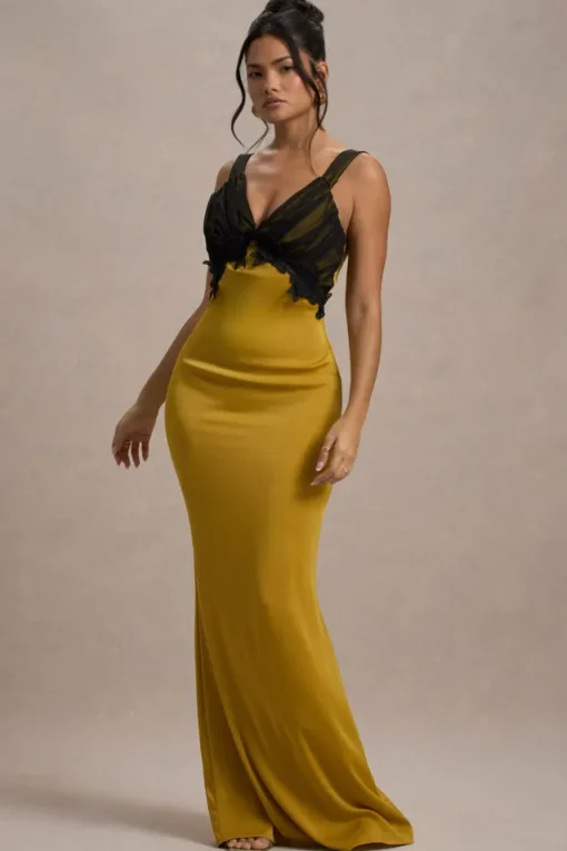 Sahara | Mustard Satin V-Neck Maxi Dress With Black Lace Trim