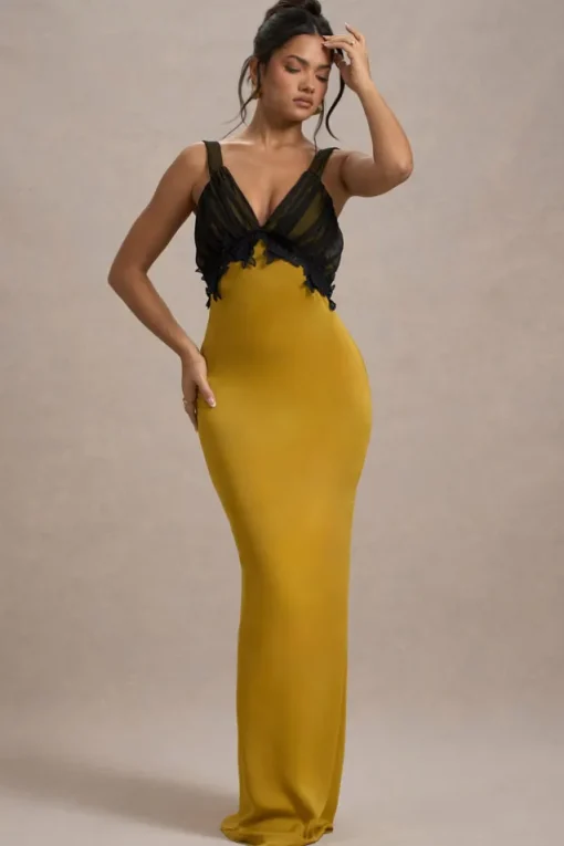 Sahara | Mustard Satin V-Neck Maxi Dress With Black Lace Trim