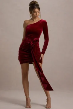 Saint Moritz | Berry Velvet One Sleeve Mini Dress With Flower Drape