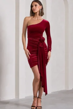 Saint Moritz | Berry Velvet One Sleeve Mini Dress With Flower Drape