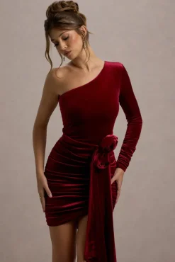 Saint Moritz | Berry Velvet One Sleeve Mini Dress With Flower Drape