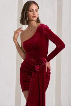 Saint Moritz | Berry Velvet One Sleeve Mini Dress With Flower Drape
