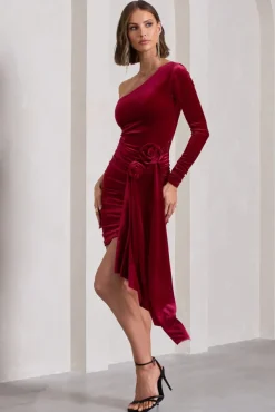 Saint Moritz | Berry Velvet One Sleeve Mini Dress With Flower Drape