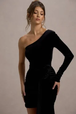 Saint Moritz | Black Velvet One Sleeve Mini Dress With Flower Drape