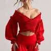 Salara | Red Ruched Bardot Top With Balloon Sleeves