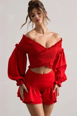 Salara | Red Ruched Bardot Top With Balloon Sleeves