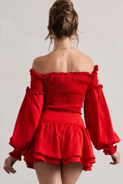 Salara | Red Ruched Bardot Top With Balloon Sleeves