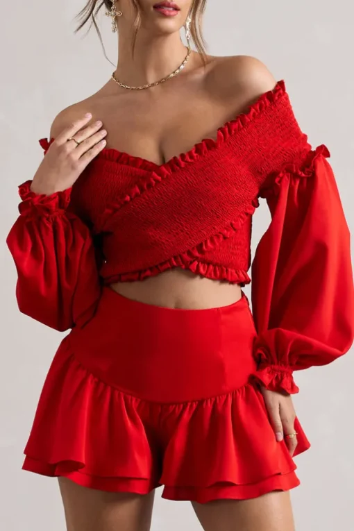 Salara | Red Ruched Bardot Top With Balloon Sleeves