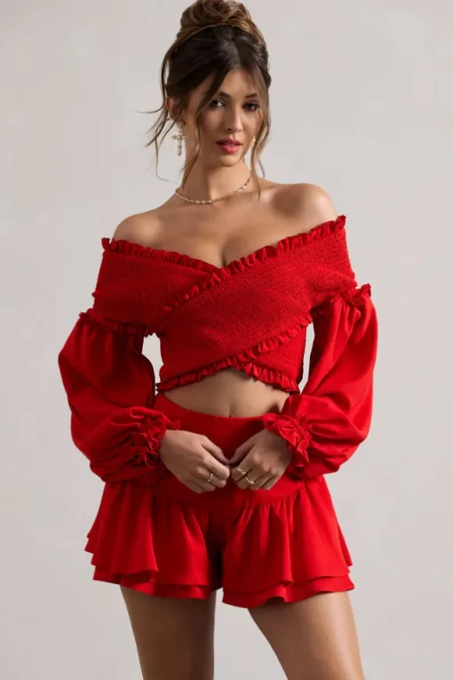 Salara | Red Ruched Bardot Top With Balloon Sleeves