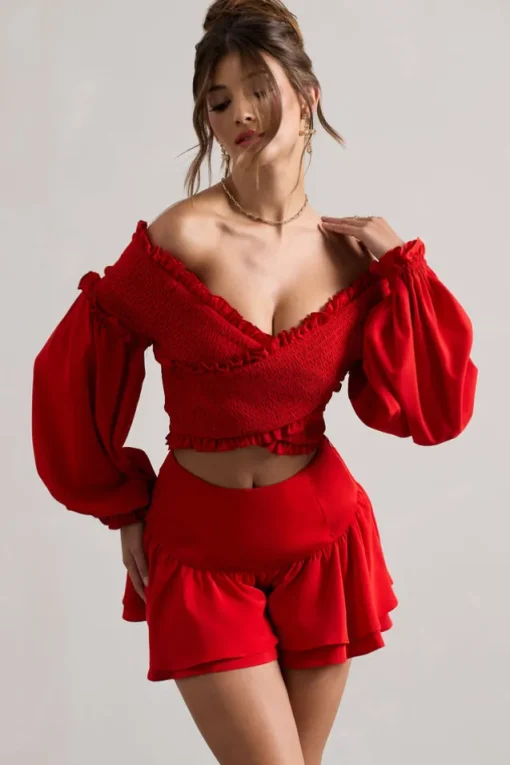 Salara | Red Ruched Bardot Top With Balloon Sleeves